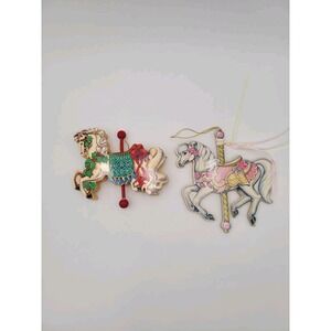 Vintage Balsa Wood and Paper Carousel Rocking Horse Ornaments Set Of 2